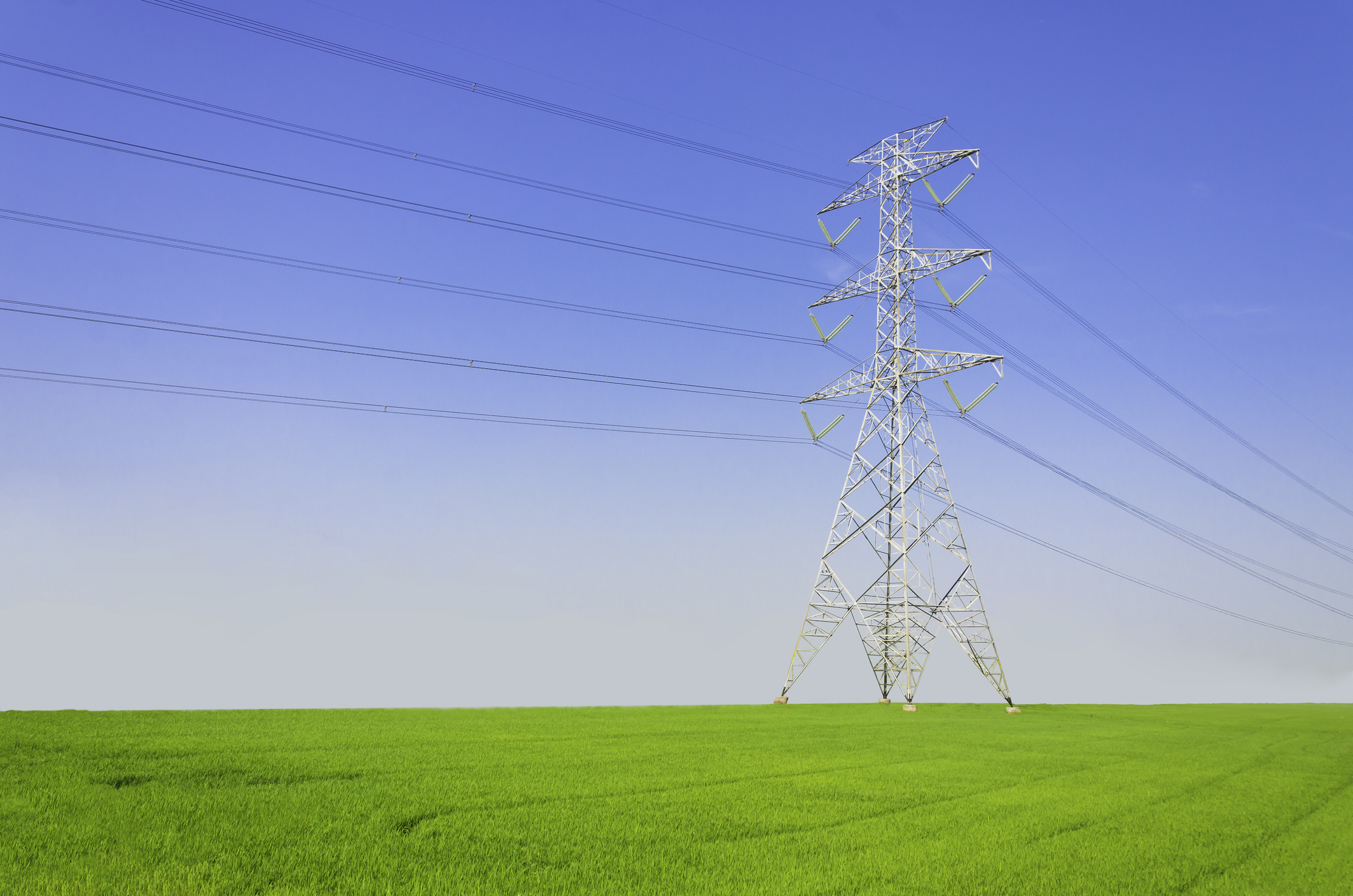 Electric tower on green field