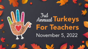 Turkeys For Teachers banner with fall leaves on chalkboard