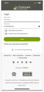 Login screen for online banking