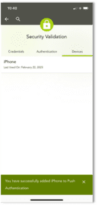 Security validation screen for push authentication