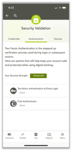 Security validation - authentication screen with security strength
